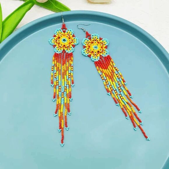 Boho Multicolor Beaded Flower Dangle Earrings - Picture 3 of 6